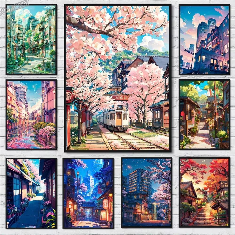 Kit per Pittura Diamante Fai-da-Te, Paesaggio Urbano Giapponese con Sakura, Ricamo Diamante, Mosaico Cartoon, Decorazione Casa, Regalo Fatto a Mano