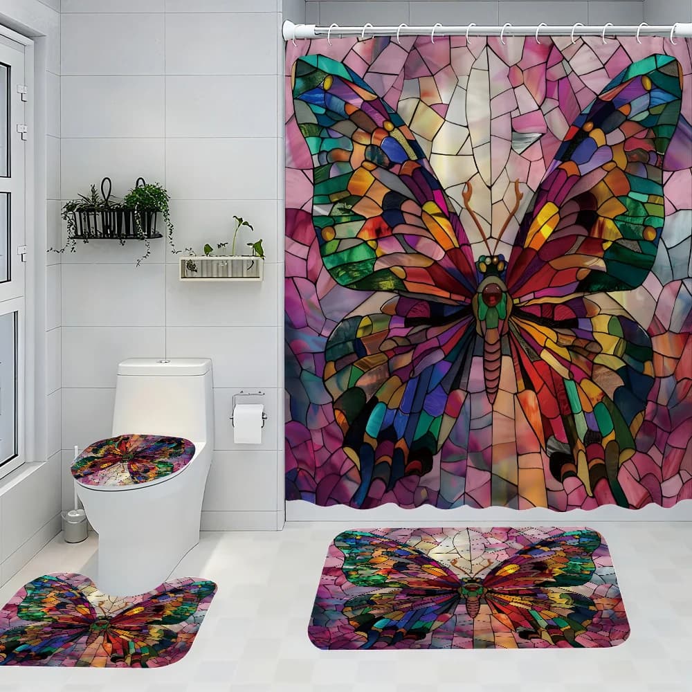 Set da bagno in quattro pezzi con farfalla colorata: tenda da doccia impermeabile d'avanguardia, creazione di un kit completo da bagno
