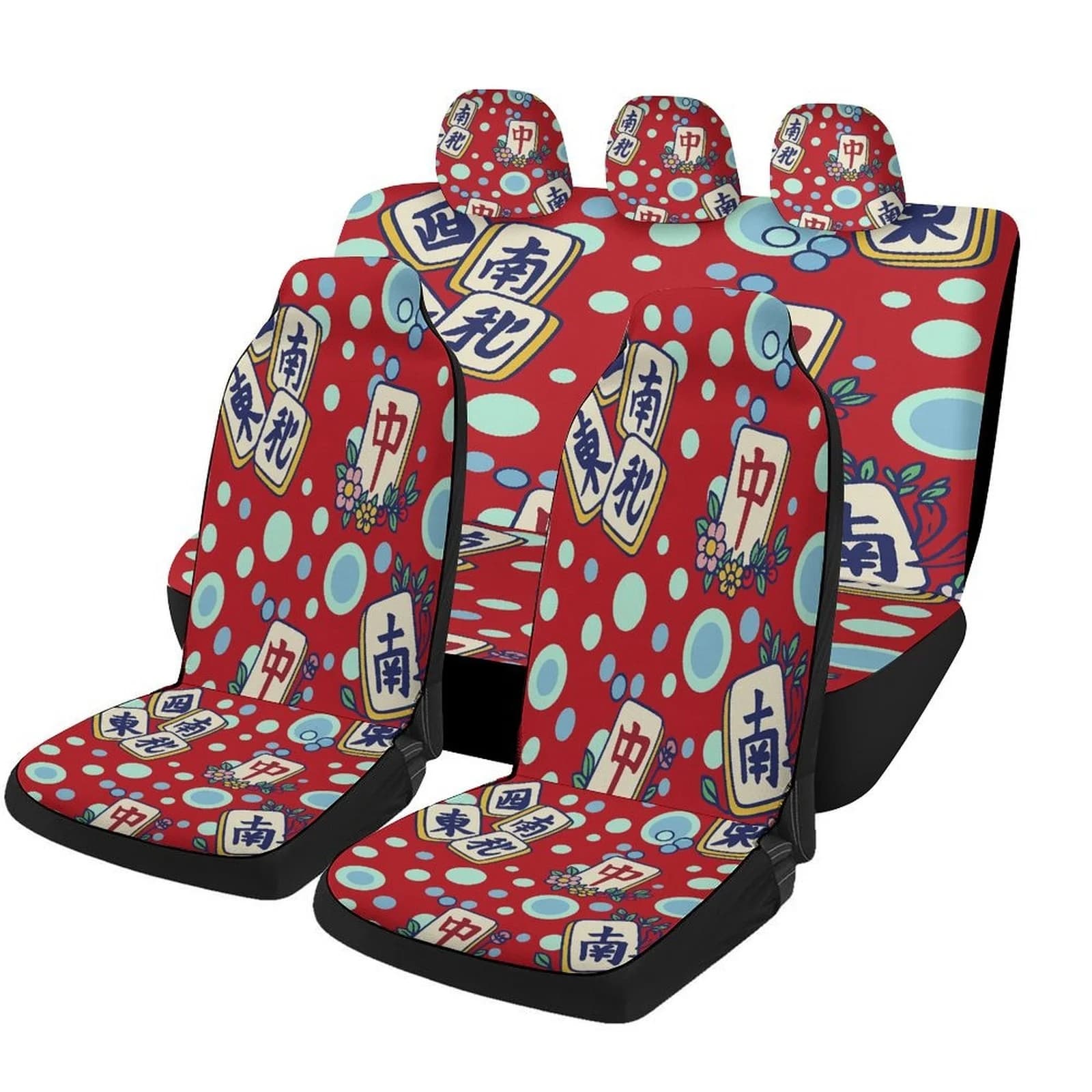 Mahjong Tiles Themed Car Seat Cover Set For Most Cars, Trendy High-quality Car Seat Protector Covers Full Set, Universal Car Sea