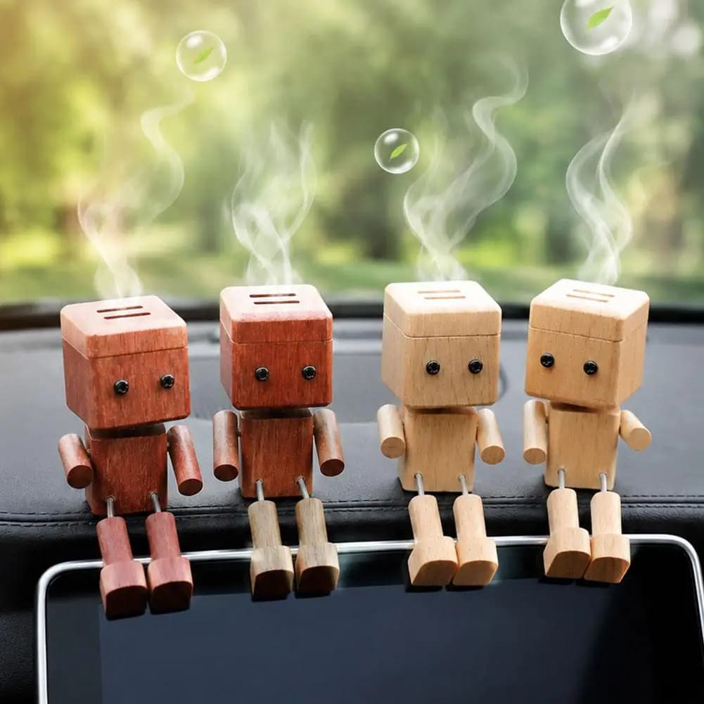 Cute Wooden Robot Car Air Freshener Natural Wood Robot Shape Car Diffuser Ornament Auto Interior Decor Fragrance Holder