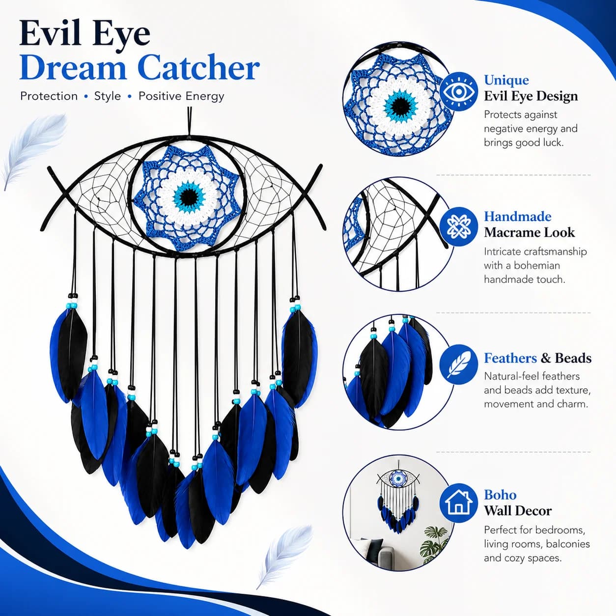 Dream Catcher Macrame Wall Hanging, Evil Eye Design, Handmade with Feathers & Beads, 40.6x38.1cm, White Blue Decor for Home