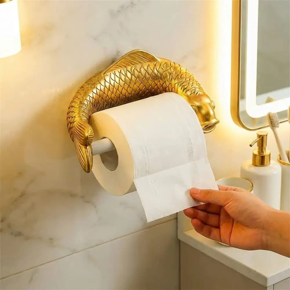 Golden Carp Toilet Paper Roll Holder Waterproof Plastic Wall-Mounted Bathroom Tissue Dispenser Vintage Punch-Free