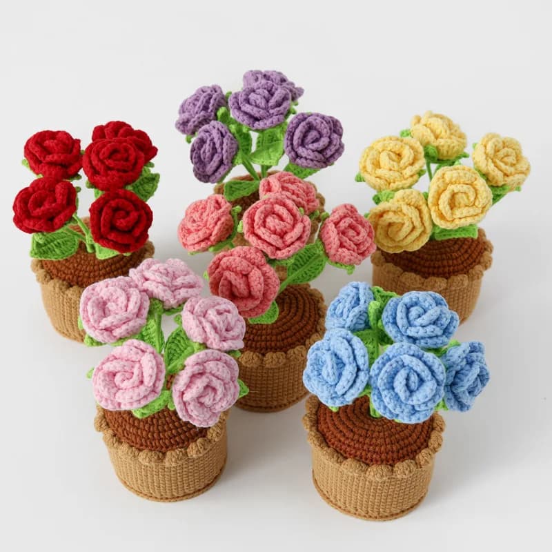 Crochet multi head rose potted plant Simulation Flower Wedding Decoration, Festival Gifts, Wedding Supplies