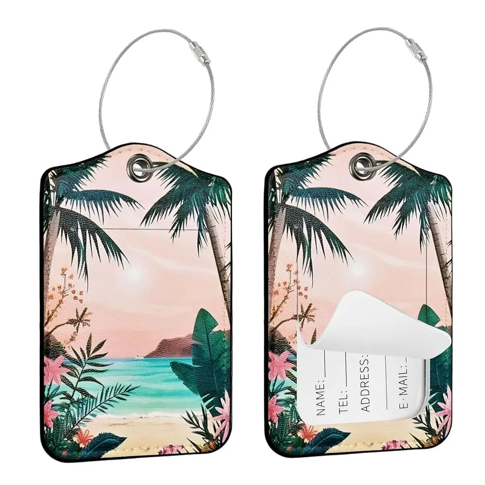 Spedizione Gratuita: 2 Etichette per Valigie, Tag in Pelle PU con Palma Tropicale e Copertura Privacy, Etichetta ID Inclusa