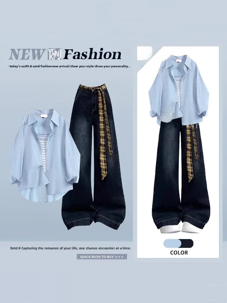 Sweet Blue Long Sleeve Shirt with Stripe Crop Top And High Waist Jeans Three Piece Set for Women Casual Spring Fashion