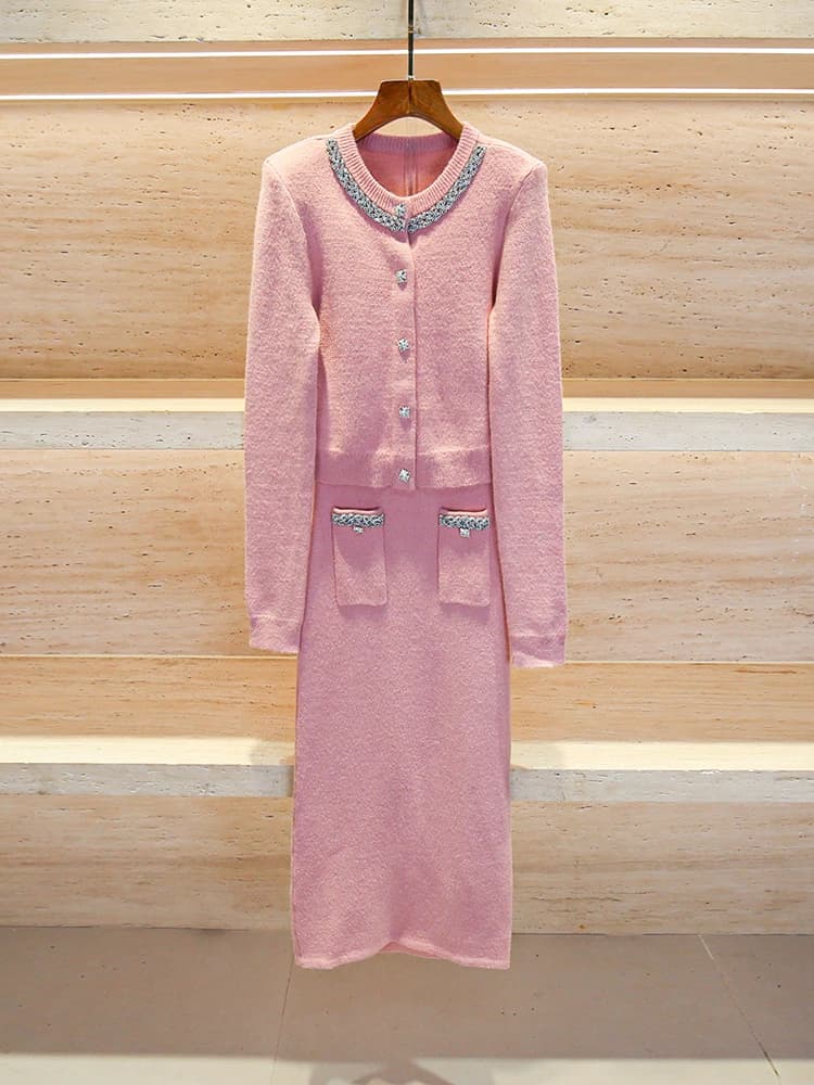 High-End Knitted Open Cardigan And Skirt Set Women's Fashion Ensemble Small Fragrance Style Polyester Fiber Long Sleeve