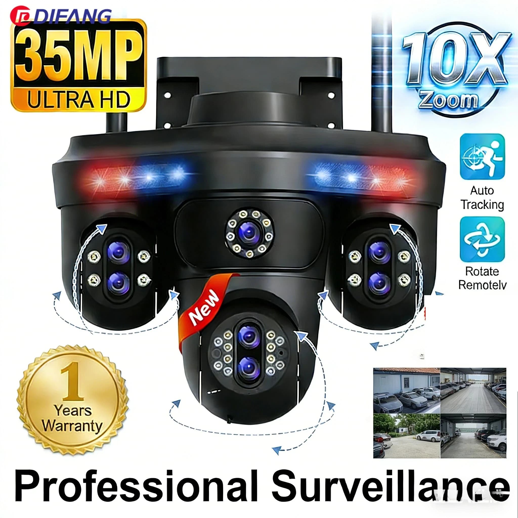 DIFANG 4 Schermi 7 Obiettivi 35MP WiFi Telecamera IP Zoom 10X Esterno 360 ° Tre telecamere di sorveglianza CCTV con tracciamento automatico della telecamera di sicurezza PTZ