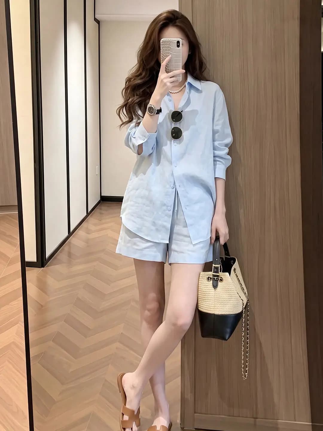 Ladies Casual Linen Shirt Set Summer Simple High-End Cotton Linen Sunscreen Slimming Shorts Two-Piece Set Korean Style Loose Fit