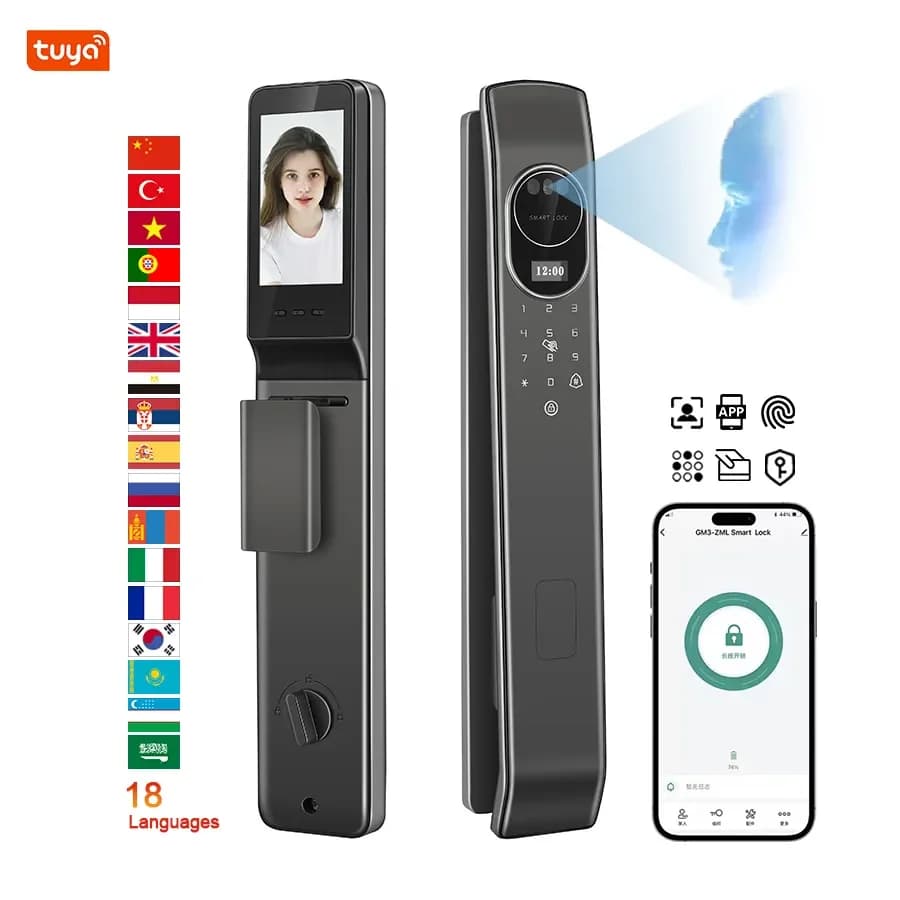 Smart Lock WiFi remoto, ID impronta digitale Riconoscimento facciale Serratura zigbee tuya, Serratura porta d'ingresso senza chiave con fotocamera integrata