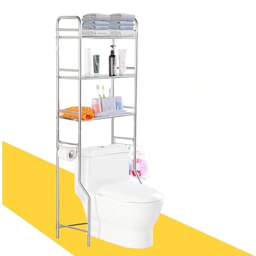 Scaffale Salvaspazio a 3 Livelli per Bagno, da Posizionare Sopra il WC, con Portarotolo Integrato, in Acciaio Inossidabile