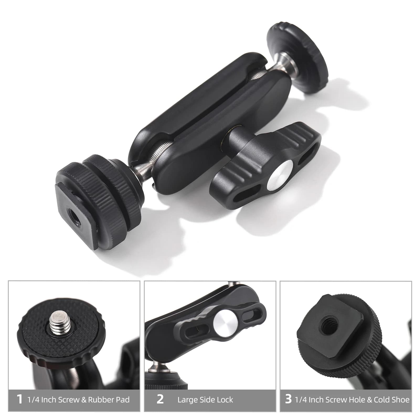 Multifunction Ball Head Mini Cool Double Ball Dead Adapter with 1/4 inch cold shoes and screw support for DSLR Camera Monitor
