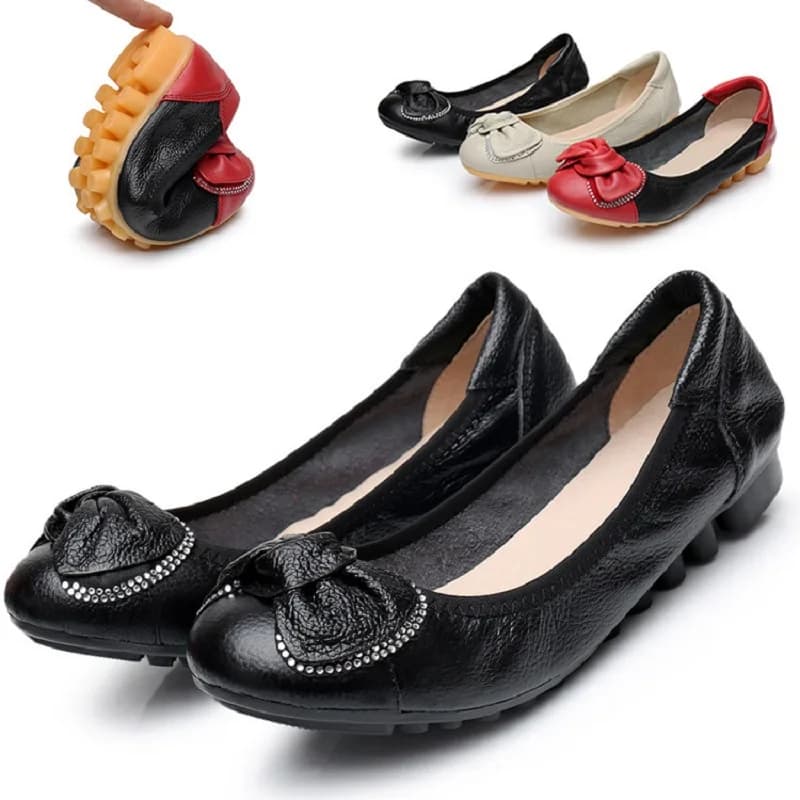 Women's Moccasins Classic casual with flat bottom Slip On Flats genuine leather shoes with bow and round toe Shoes with soft sole for women