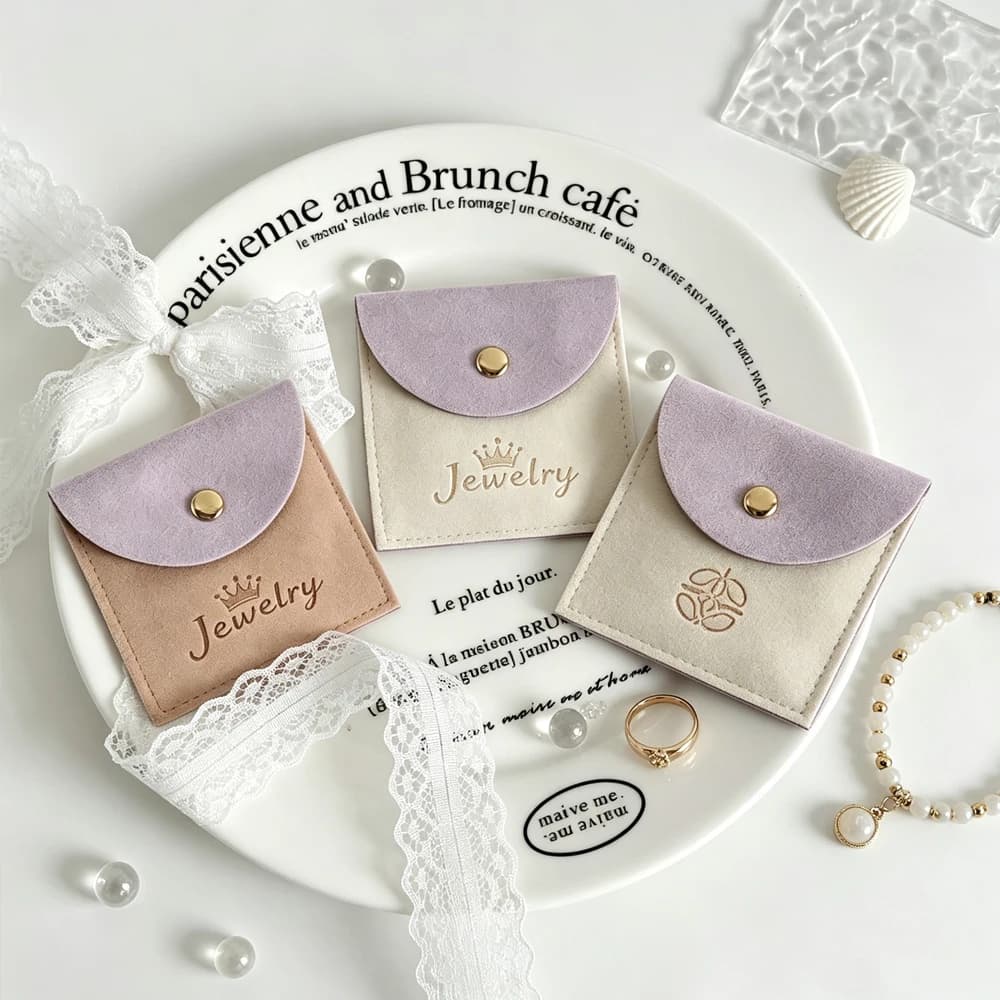 Sacchetto portagioie personalizzato in microfibra 6x6cm, bomboniere per gli ospiti, sacchetto per dolcetti, anelli, orecchini, bracciali, confezione con chiusura a scatto.