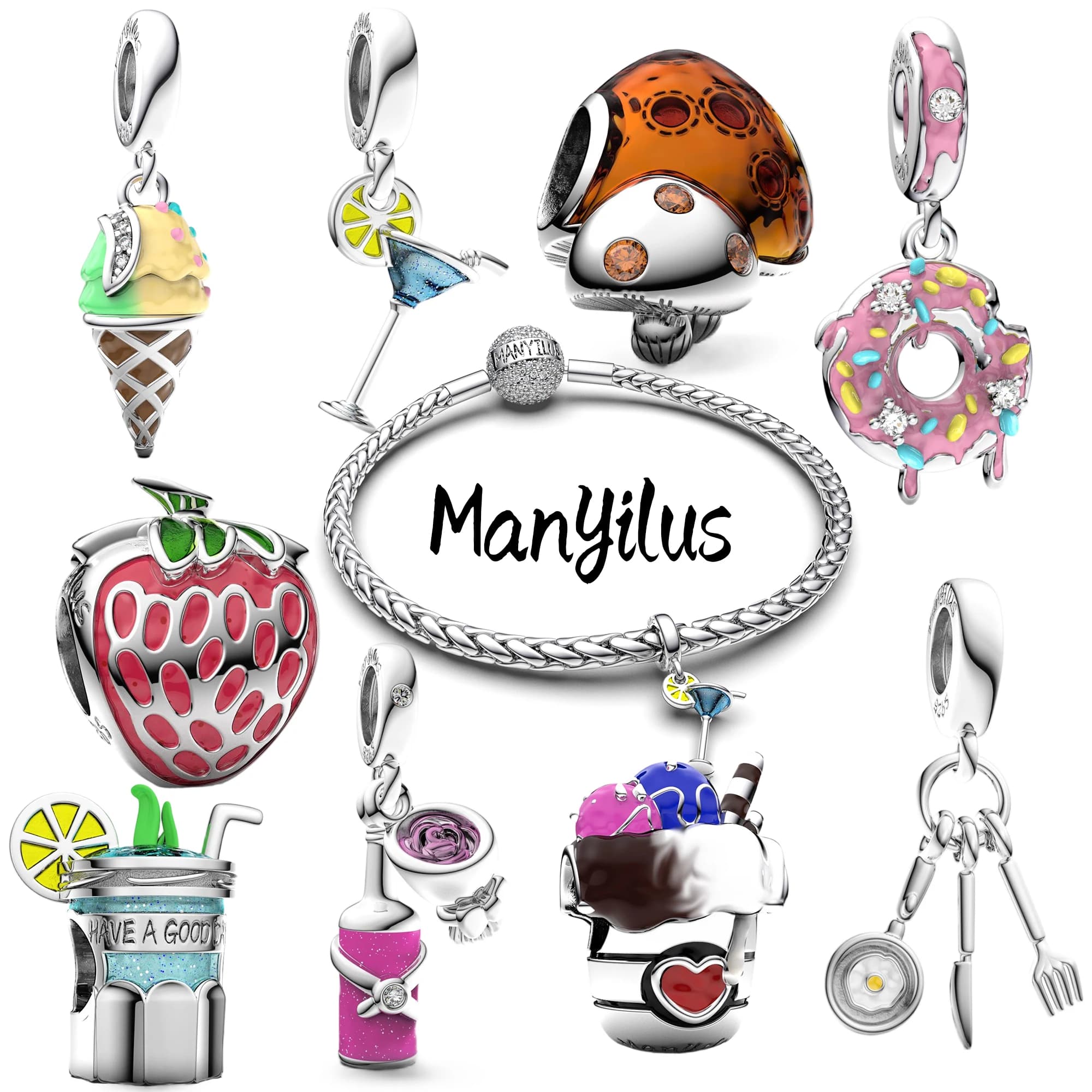 Set di Ciondoli Manyilus in Argento Sterling 925 a Tema Cibo e Bevande per Bracciali e Collane Originali, con Smalto e Zirconia Cubica, Regalo di Gioielleria