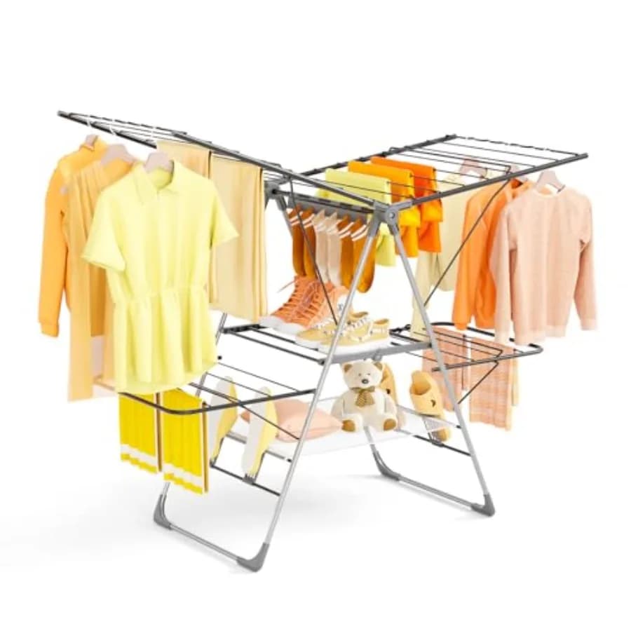 Stendibiancheria Pieghevole a 2 Livelli in Acciaio Inossidabile con Altezza Regolabile e Clip per Calzini, Design Salvaspazio per Uso Interno ed Esterno