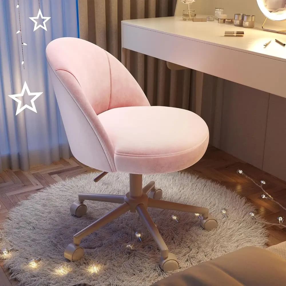 Sedia da Trucco Rosa con Ruote e Supporto per la Schiena per Camere da Letto, Stanze Trucco e Uffici Domestici