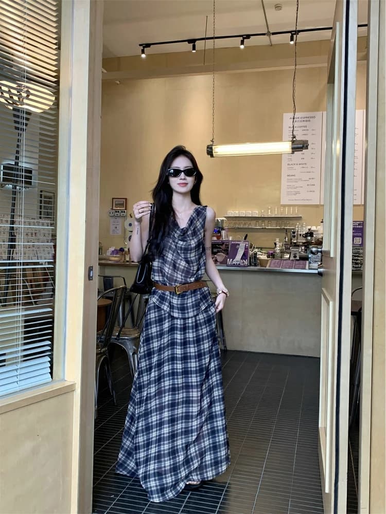 Retro Plaid Halter Neck Strap Vest Women's High Waist Skirt Two-Piece Set Summer Casual Style Adult Fashion Ensemble