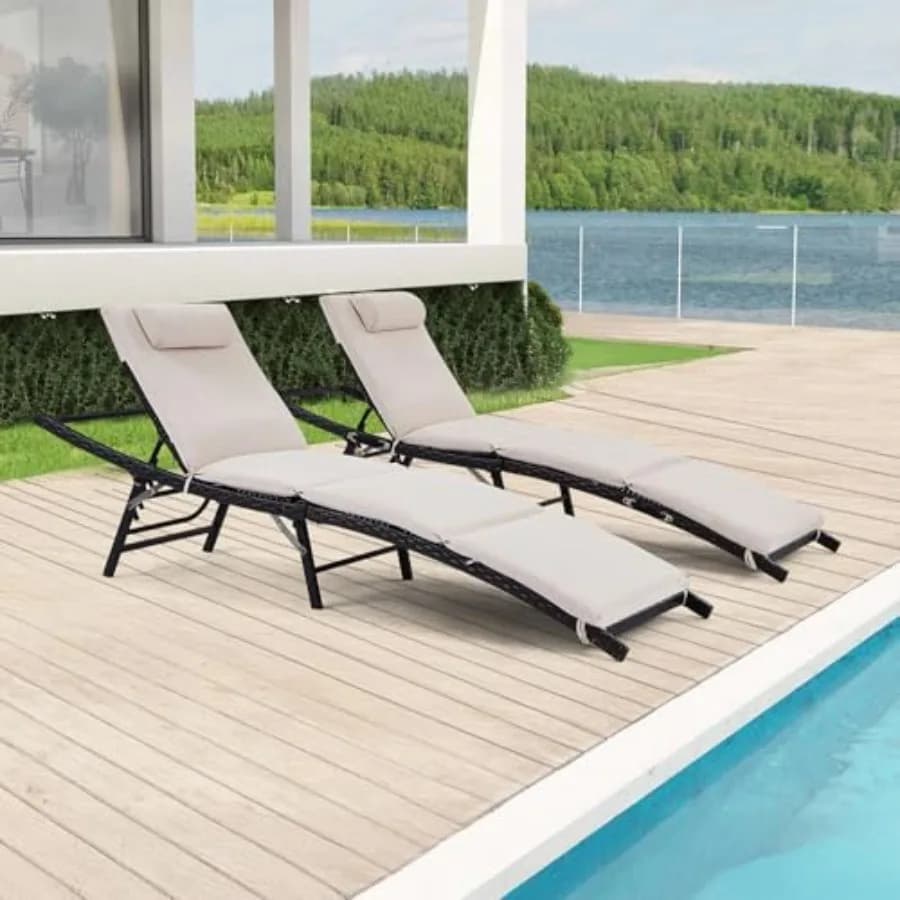 Set di 2 Chaise Longue da Patio con Schienale Regolabile e Cuscini Spessi Rimovibili, 2 Sedie Lounge da Esterno Pieghevoli