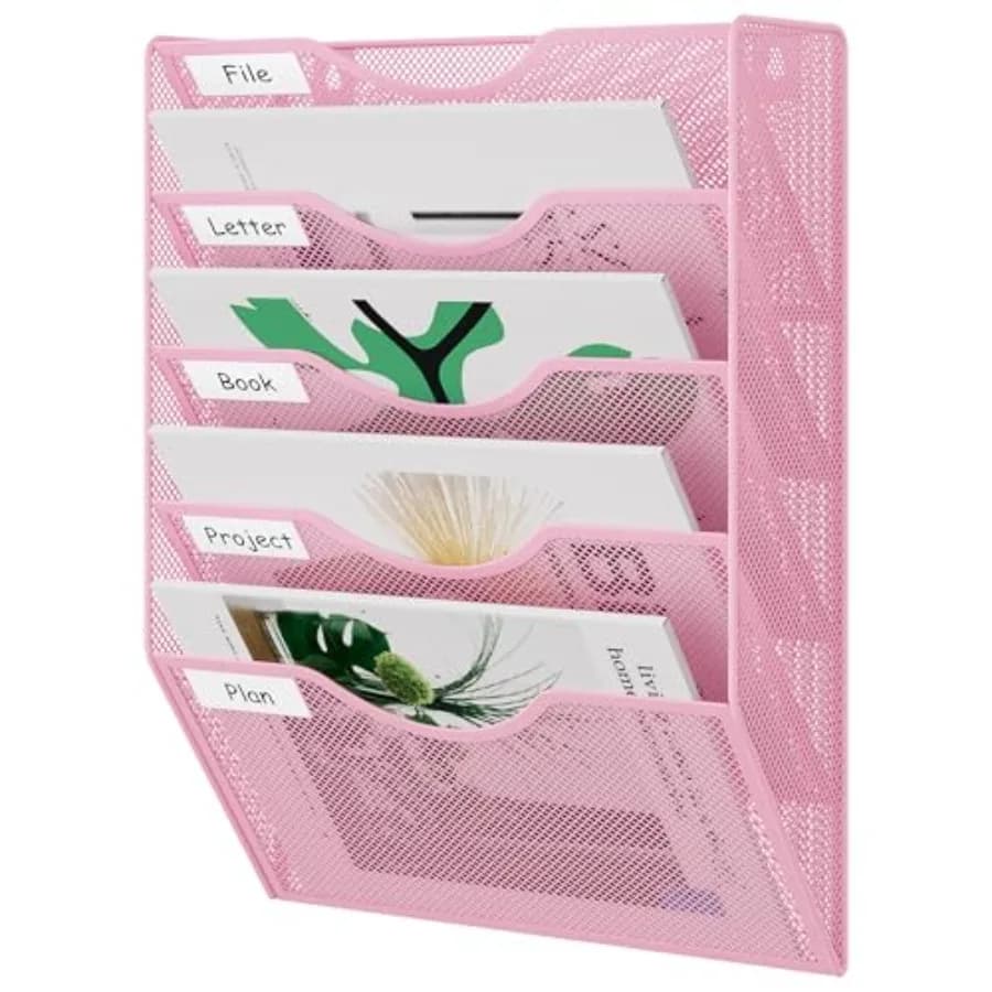 Wall File Organizer 5 Tier Hanging Paper Folder Holder, Zero Assembly Metal Mesh Wall Mounted Mail Organizer for Office Home Cl