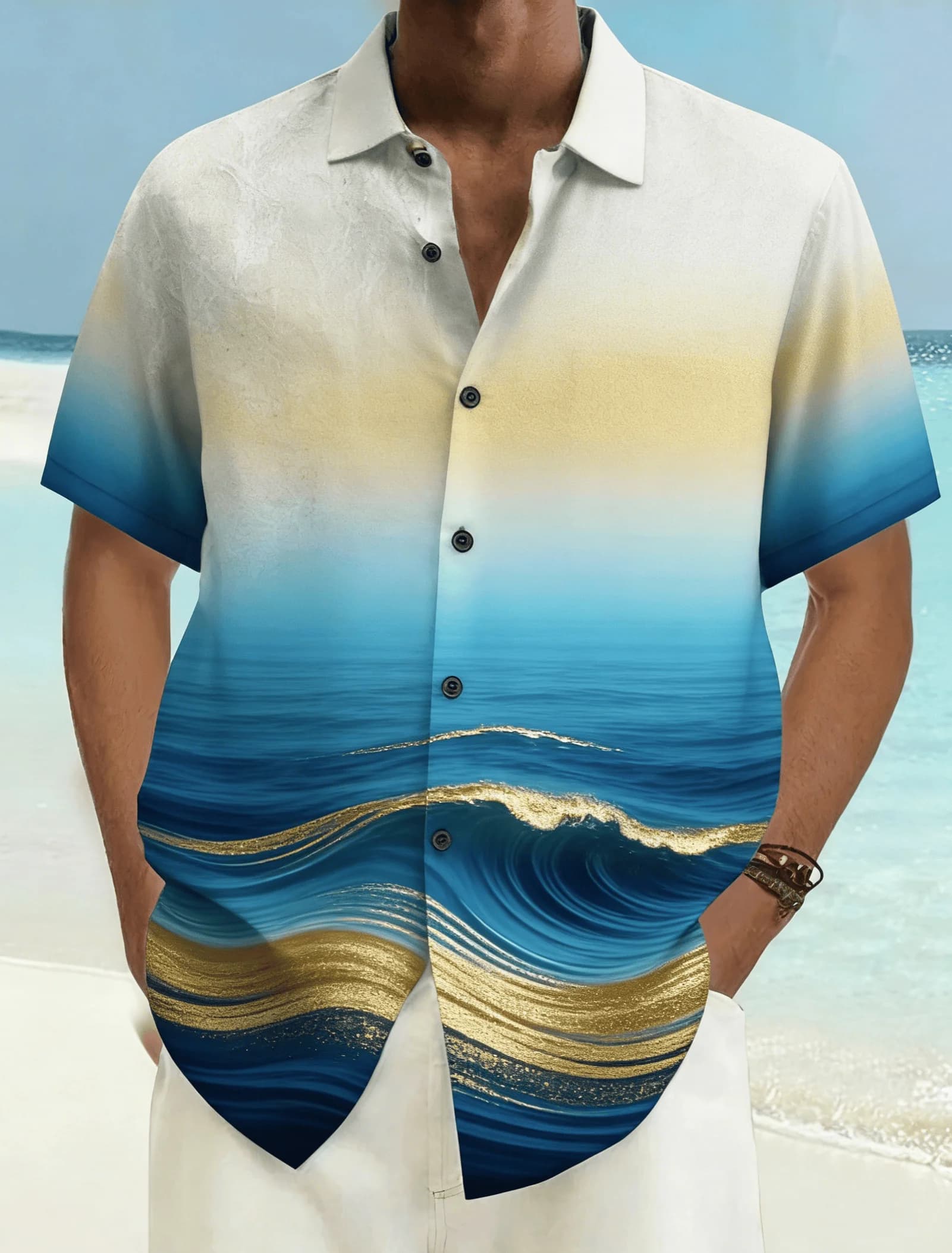 Camicia a maniche corte da uomo con stampa sfumata blu e oro, blusa hawaiana di lusso per vacanze primavera-estate, top casual ampio