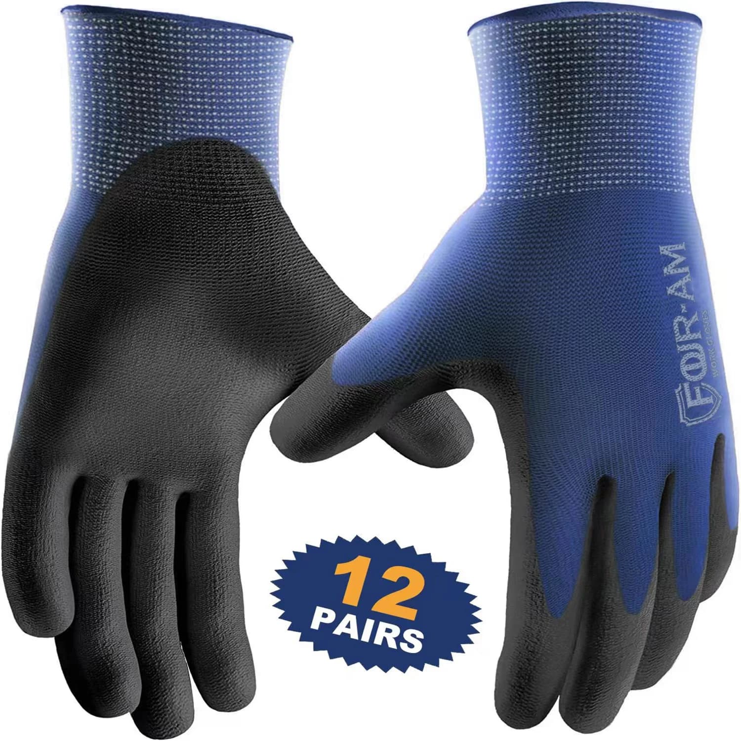 12 pairs ultra-thin PU coated working gloves, excellent grip, safety gloves covered in black polyurethane with nylon shell, knitted wristband