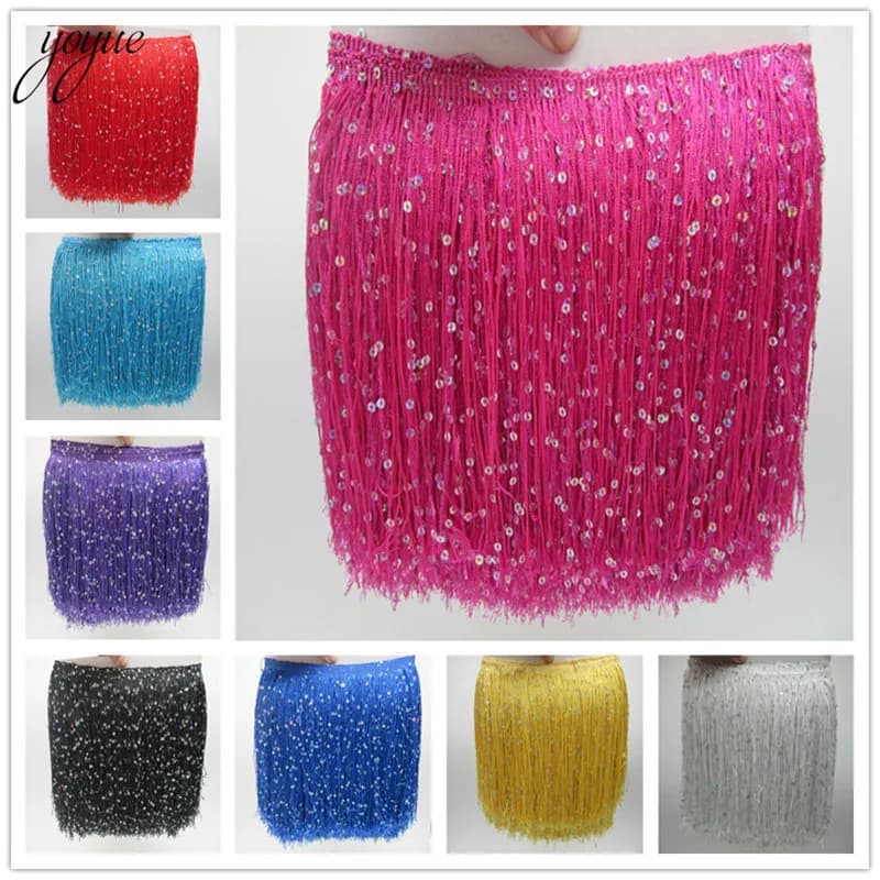 YOYUE 1Yard 20CM Lungo Poliestere Paillettes Nappa Frangia Lace Trim Nastro Cucire Vestito Latino Stage Indumento Tenda Accessori