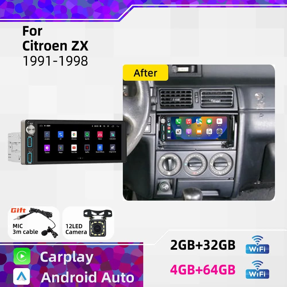Wireless Carplay Android for Citroen ZX 1991-1998 1Din Car Stereo GPS Navigation Multimedia Autoradio Radio Head Unit