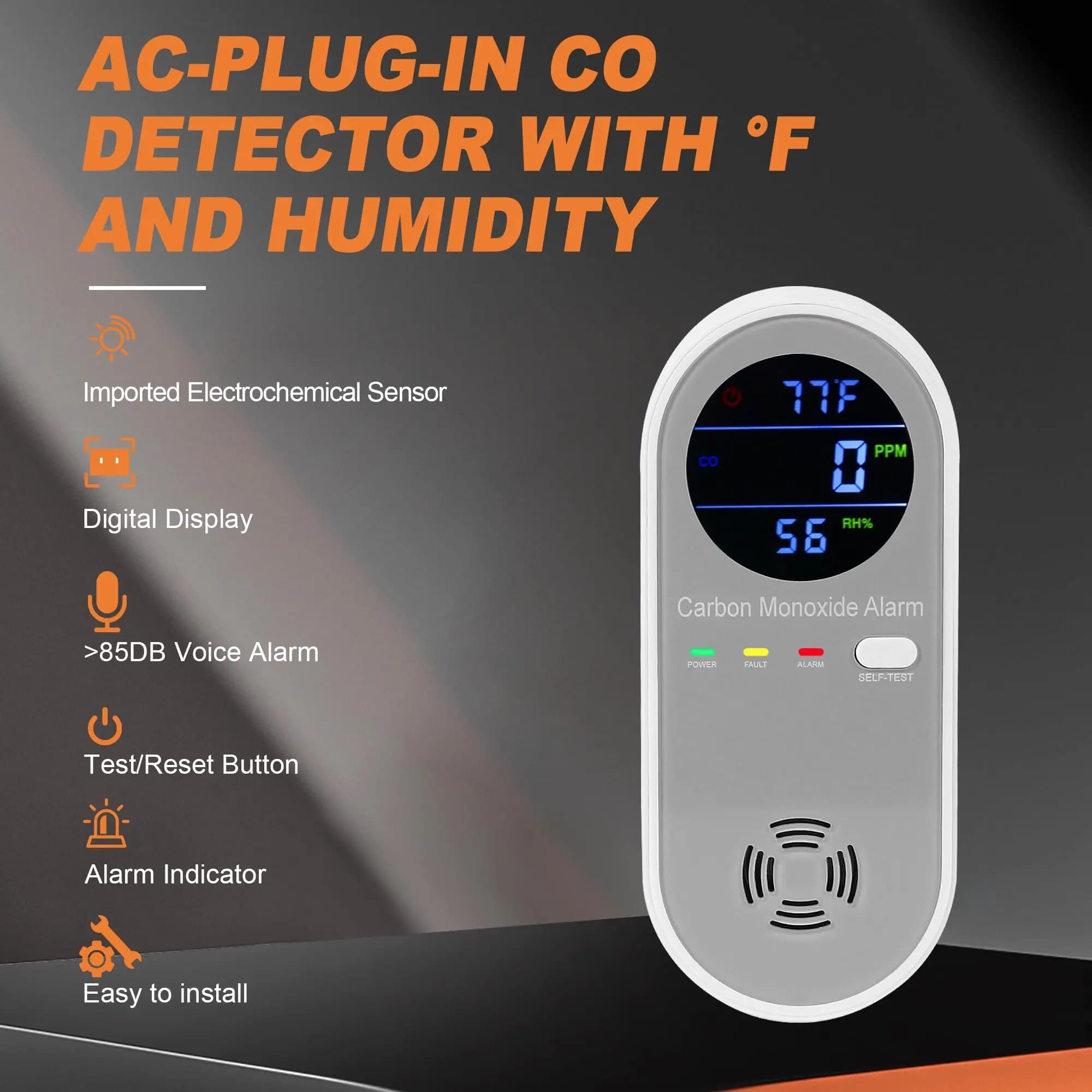 3-in-1 Carbon-Monoxide-Alarm, Plug in CO-Detector with Temperature and Humidity, Digital Display of Gas Concentration Levels:PPM,°F,RH% for Home,Apartment,RV