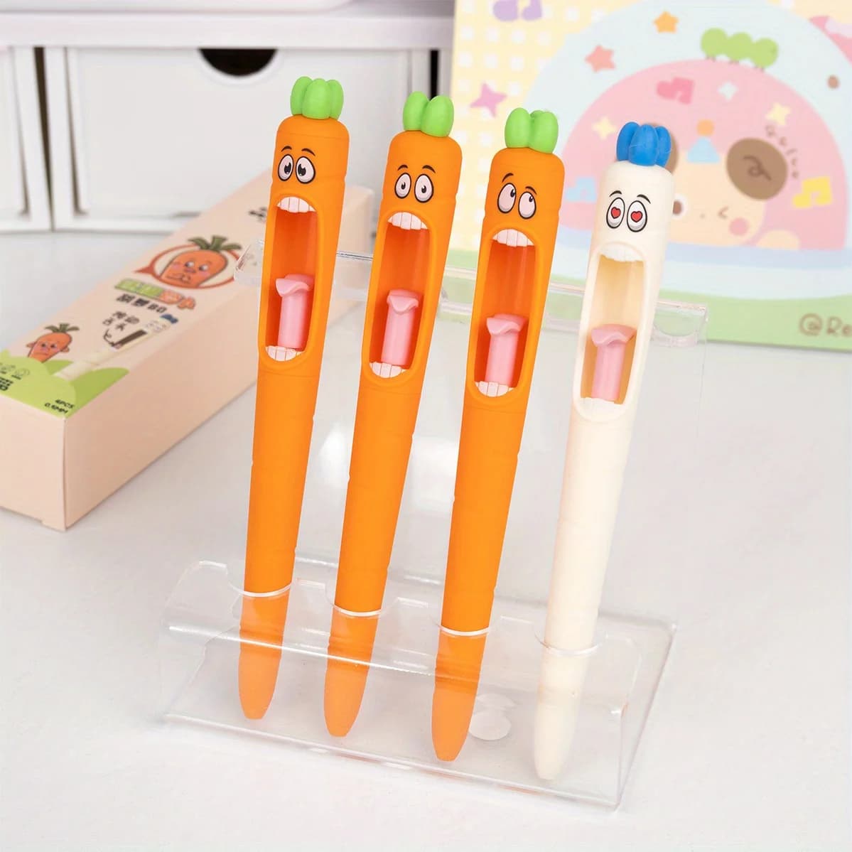 4 pz/scatola Verdure Carote Penna Gel Cancelleria Cartone Animato Espressione Carina Creativo Scuola Ufficio Regalo Forniture Bella Penna Kawaii