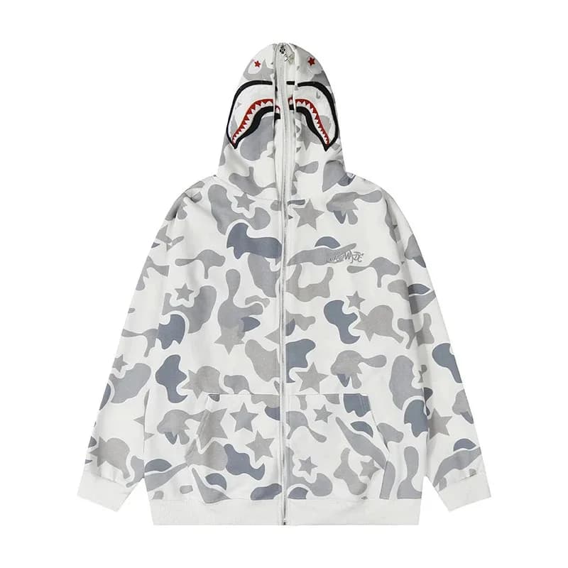 ♥ ♥ 2026 American High Street Mimetic hoodie with double hood and shark zipper, for men and for couple, Autumn Spring, Hip Hop style, wide fit ☆ ★