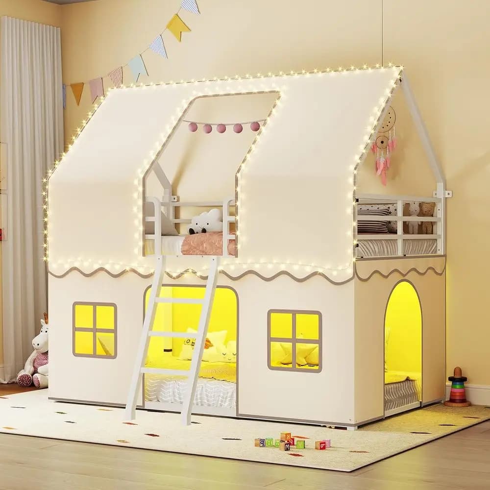 Twin Over Twin Bunk Bed with Play Curtain, LED Lights, Inclined Ladder, Guardrail, White