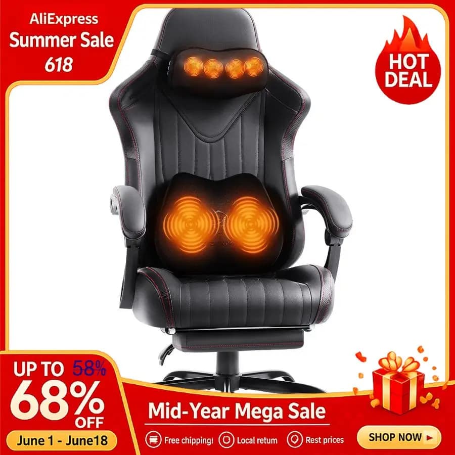 Sedia da Gaming con Massaggio Shiatsu per Collo e Supporto Lombare per Casa e Ufficio, Reclinabile con Schienale Alto e Altezza Regolabile