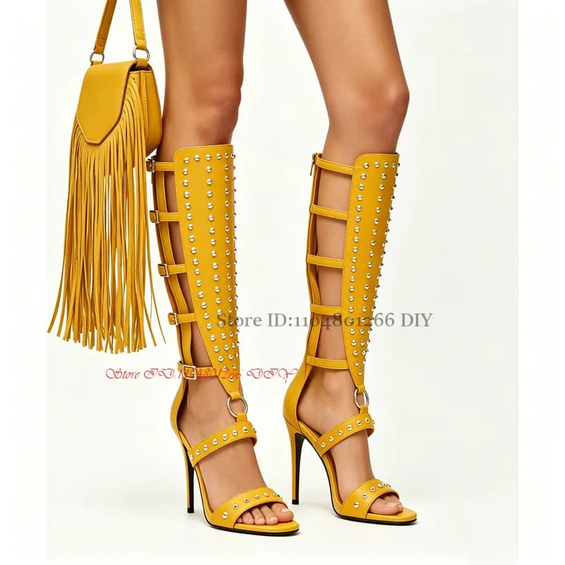 Women's Rivet Gladiator High Heel Sandals Stud Decor Open Toe Stiletto High Heel Fashion Sexy Party Shoes Zipper Stilettos