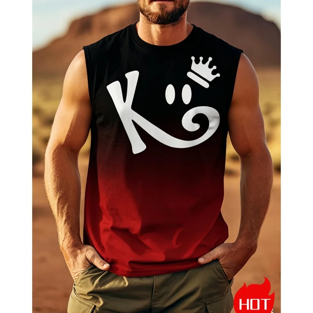 T-shirt senza maniche da uomo con stampa digitale 3D della lettera K, canotta casual in poliestere con scollo rotondo, top sportivo da uomo.