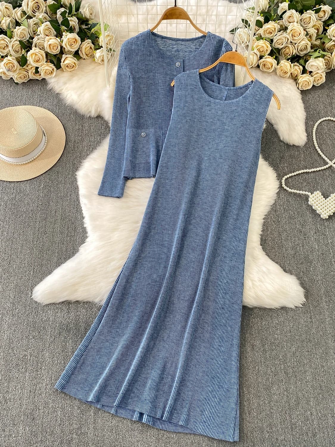 Slimming Vertical Stripe Knitted Jacket Loose Fit Dress Set Fashionable Maturity Style Casual Long Straight A-Line Dress