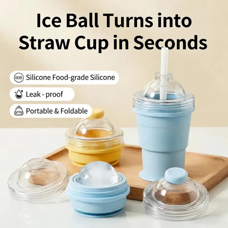 Tazza Pieghevole in Silicone con Stampo per Cubetti di Ghiaccio, Borraccia da Viaggio Estiva Richiudibile, Bottiglia in Silicone con Stampo per Sfere di Ghiaccio Integrato 2in1 Portatile