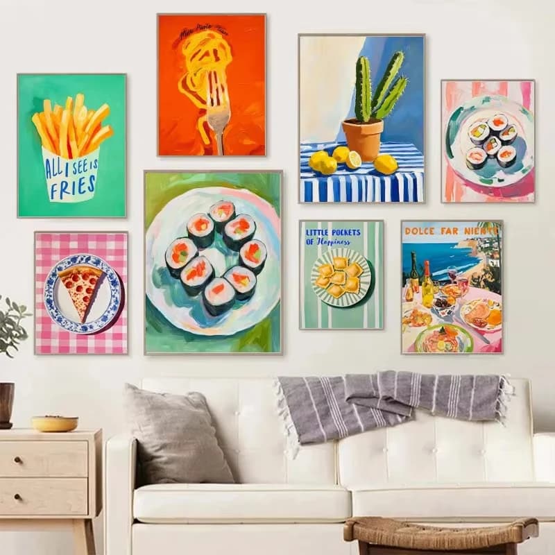 Poster di Cibo, Vino e Frutta, Quadri con Diamanti di Pizza, Pasta, Avocado, Sushi, Decorazioni da Parete per Casa, Cucina, Soggiorno, Senza Cornice