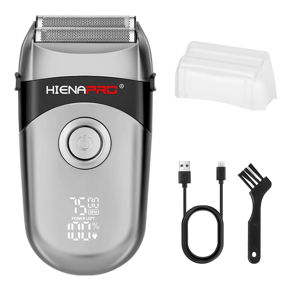 Rasoio Elettrico a Movimento Alternato HIENAPRO Silver per Uomo, Display LED, Ricaricabile, Utilizzo a Secco e Bagnato, Rasoio da Viaggio Portatile