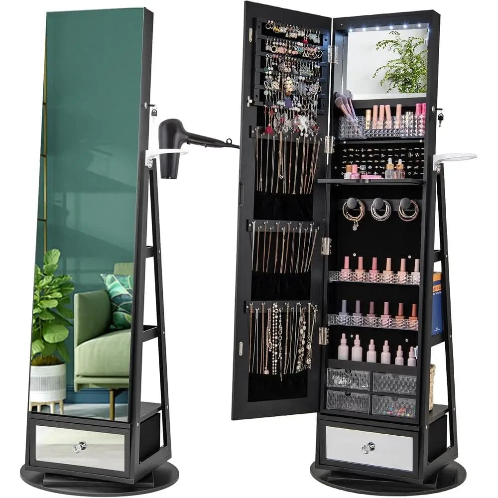 Black 64.5 High Swivel Mirrored Jewelry Cabinet with LED Lights, Lockable Storage, and Hairdryer Holder