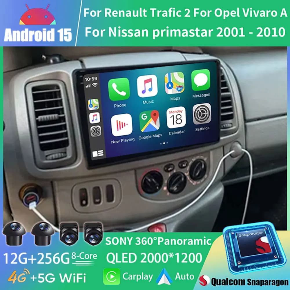 Per Renault Trafic 2, Opel Vivaro A, Nissan Primastar 2001 - 2010, autoradio Android 15, Carplay, stereo per auto, lettore video, Bluetooth