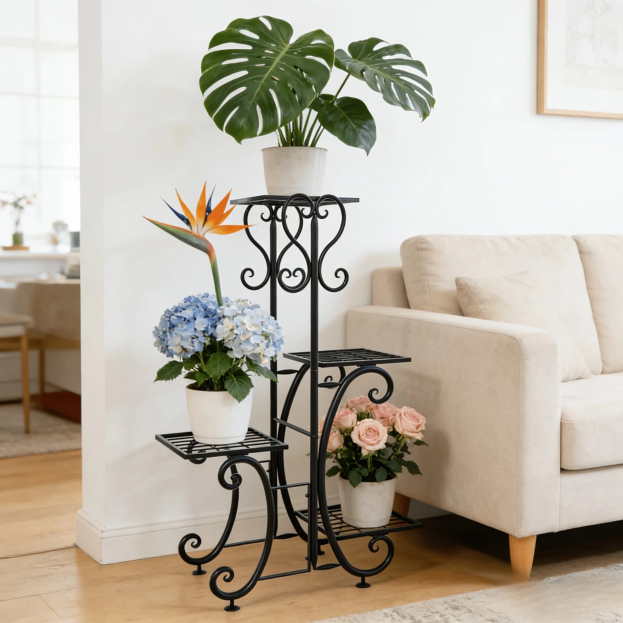 6 Tier Wrought Iron Plant Stand Black Metal Corner Flower Pot Display Rack Multi-layer Heavy Duty Plant Shelf for Indoor Balcony Patio Garden Home Decor