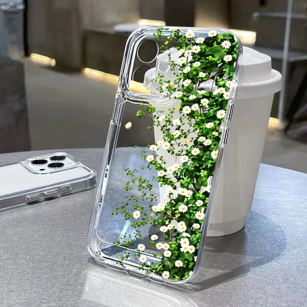 Plant Leaves Daisy Flower Phone Case For iPhone 16 Case iPhone 15 13 14 12 11 17 Pro Max Air 16e 7 8 Plus XR XS SE Clear Cover