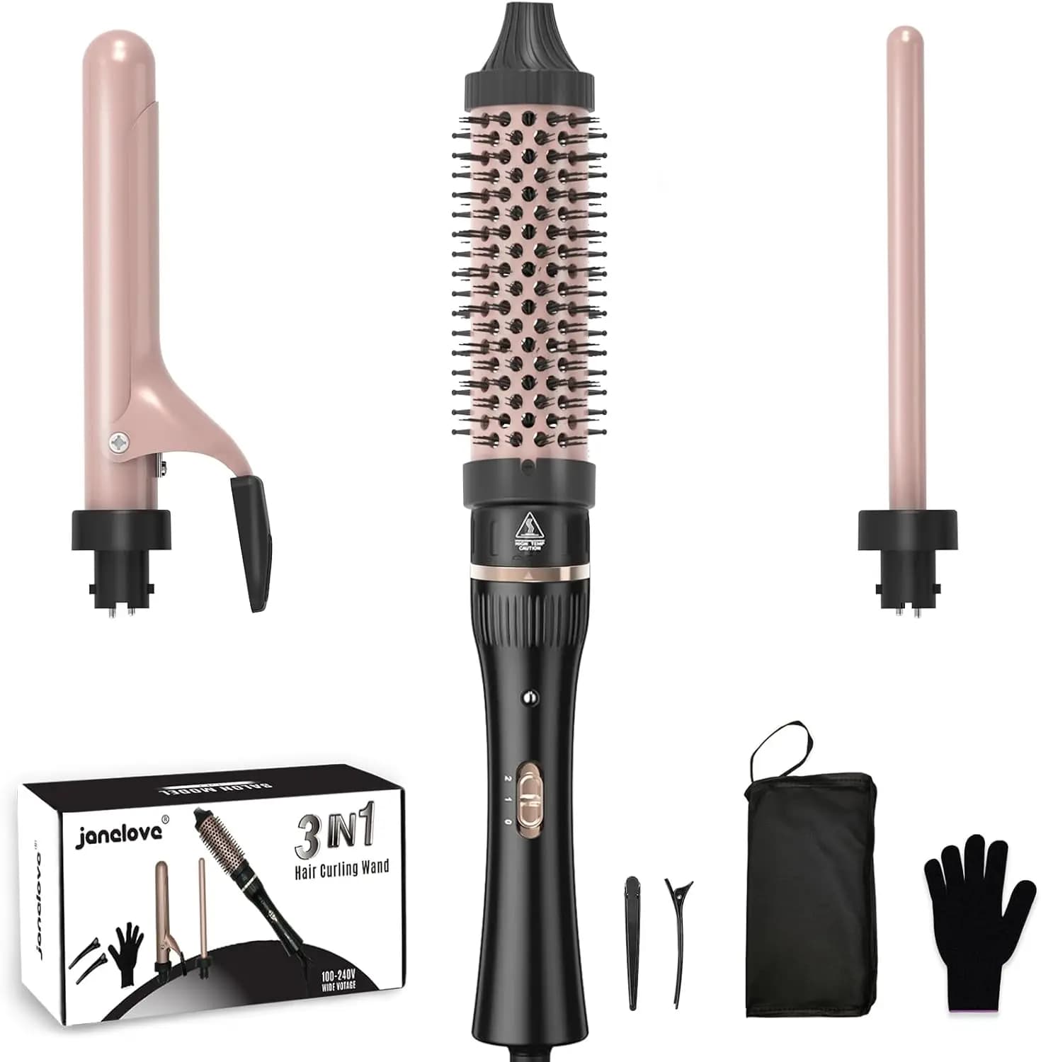 Set Ferro Arricciacapelli 3-in-1 con Spazzola Termica e Bacchette in Ceramica, Doppia Temperatura, Include Guanto, Clip e Borsa