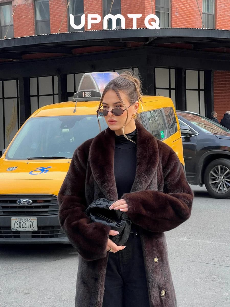 Luxury Vintage Women Faux Mink Fur Maxi Coat with Belt Brown Striped Thick Warm Winter Outwear Old Money Iconic Parka Outwear