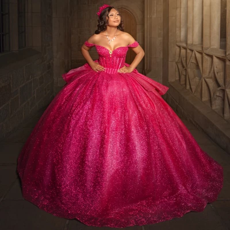 Rosa Rosso Lucido Abiti Quinceanera Al Largo Della Spalla Che Borda Fiocco di Cristallo Tull Corsetto Festa di Compleanno Dolce 16 Abito Abiti 15 De