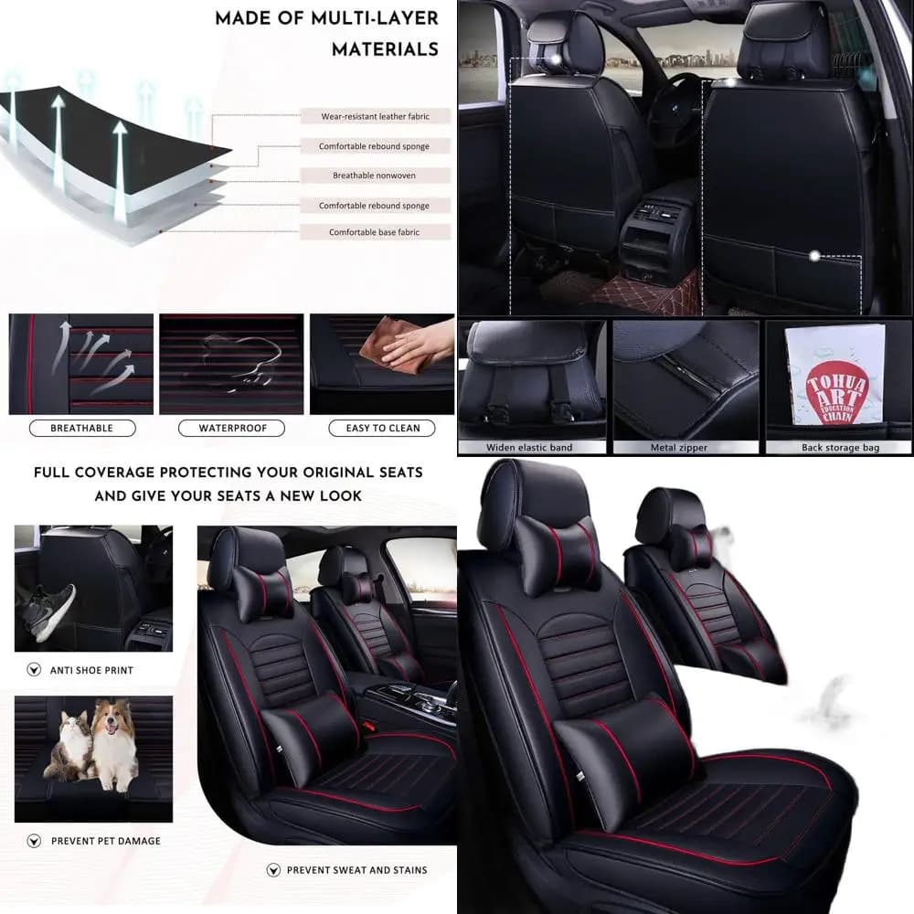 Universal Seat Covers in Ecopelle with cushions, Black and Red, Waterproof and Breathable for Cars, SUVs and Trucks