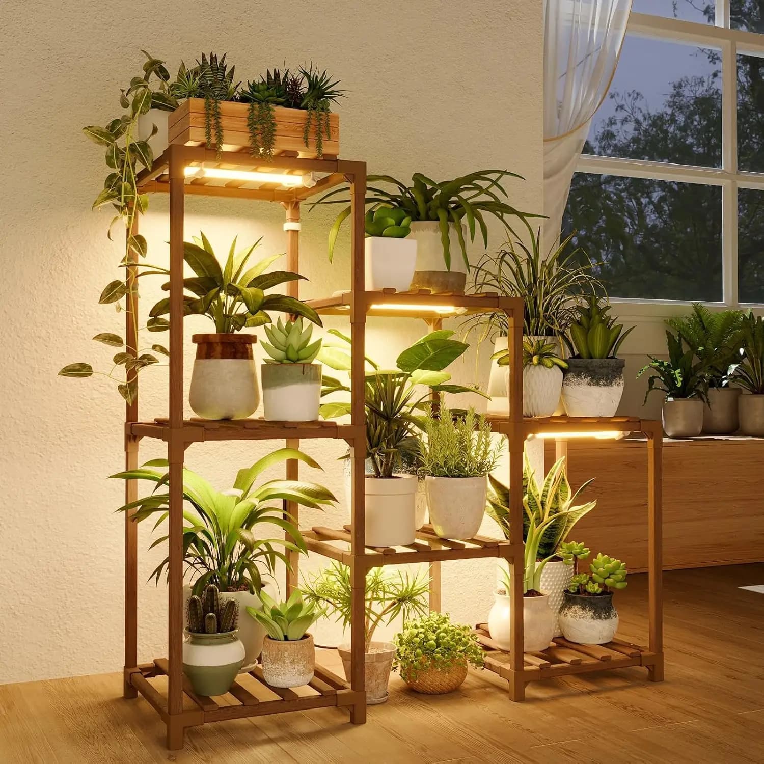 3-level plant support with growing light for multiple vessels, stair shelf for indoor and outdoor decorations