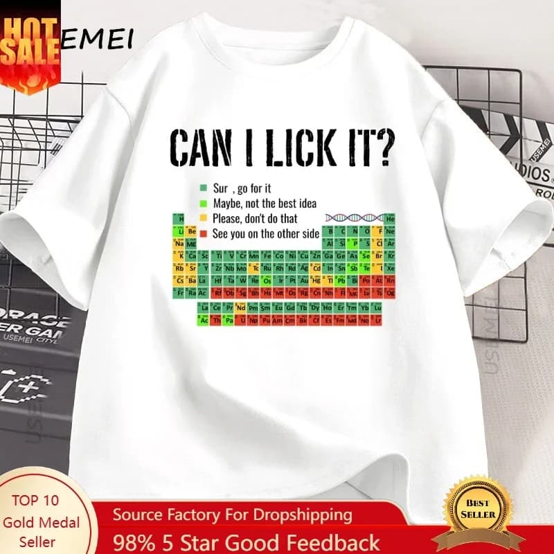 Can I Lick It Periodic Table T Shirt Men Women Periodic Table T-shirt Casual Chemistry Teacher Tshirt Round Neck Short Sleeve