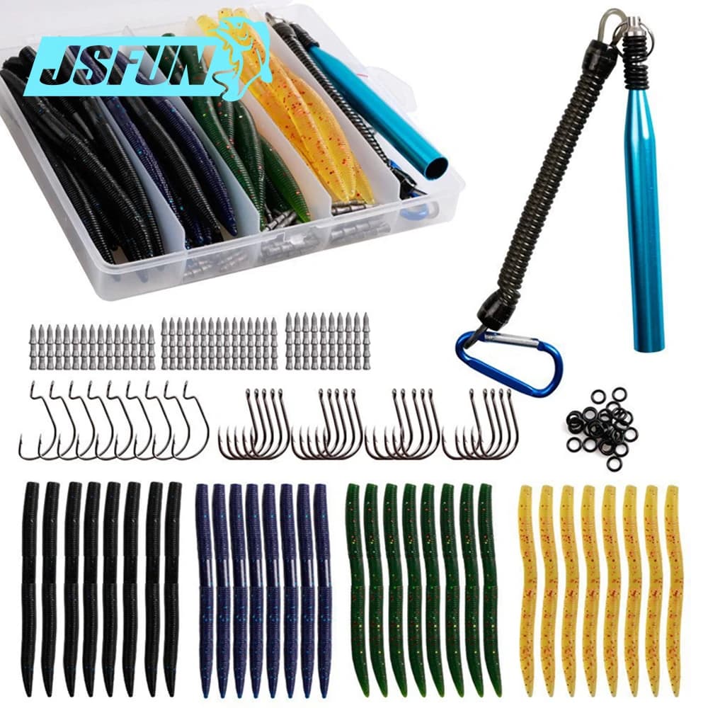 Kit di esche da pesca JSFUN Worm – Esche morbide in plastica con ami/piombi, scatola portatile per attrezzatura da pesca per acqua dolce/salata