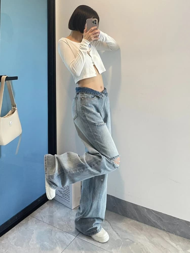 Women's American Style Summer Casual Jeans with High Street Vibe Washed Ripped Straight Loose Wide Leg Long Pants